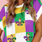 Tillandsia Purple Sequin Mardi Gras Fleur de Lis Color Block Sweater T Shirt