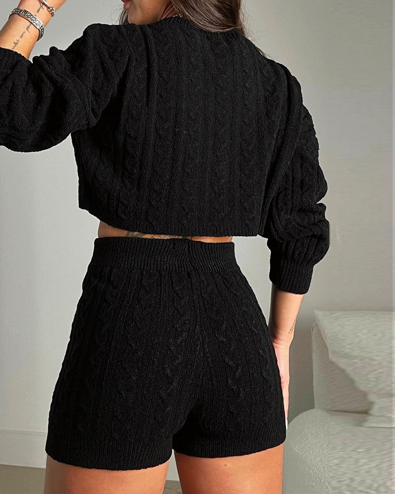 2 Piece Crewneck Long Sleeve Cable Knit Crop Sweater High Waist Shorts Tracksuits Outfits