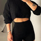 2 Piece Crewneck Long Sleeve Cable Knit Crop Sweater High Waist Shorts Tracksuits Outfits