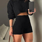 2 Piece Crewneck Long Sleeve Cable Knit Crop Sweater High Waist Shorts Tracksuits Outfits