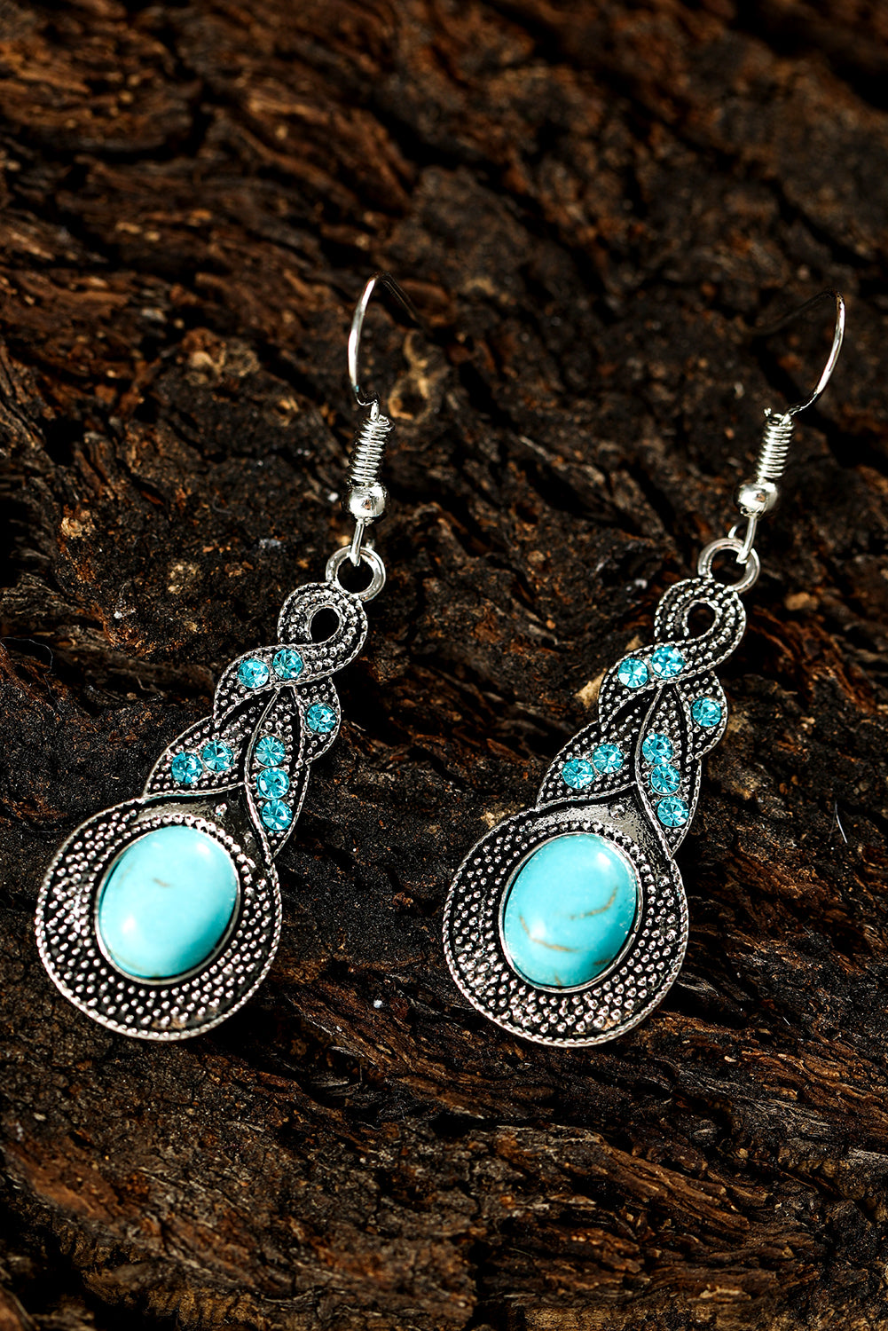 Silvery Western Turquoise Rhinestone Inlay Dangle Earrings