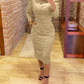 Turn down Collar Long Sleeve Button Decor Front Slit Slim Fit Mid Calf Dress Work Bodycon