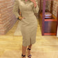 Turn down Collar Long Sleeve Button Decor Front Slit Slim Fit Mid Calf Dress Work Bodycon