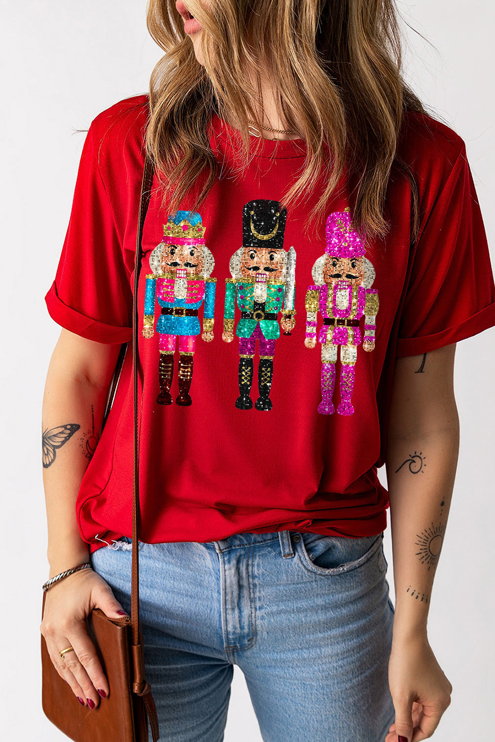 Red Glittering Nutcracker Printed Crewneck T Shirt