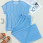 Blue Solid Corded Knit Short Sleeve T Shirt and Wide Leg Pants Set