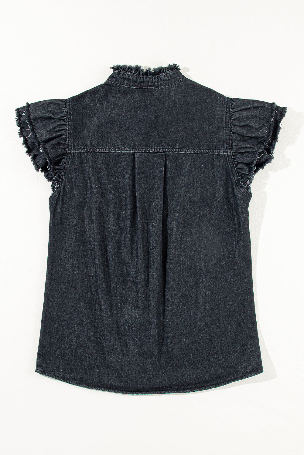 Black Button Front Ruffled Flutter Frayed Denim Top