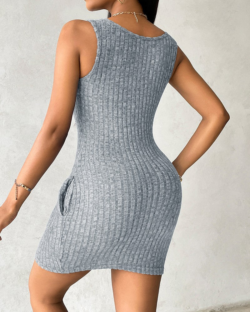 Buttoned Pocket Design Ribbed Bodycon Dress