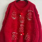 Racing Red Rhinestone Bow Pearl Decor Christmas Tree Round Neck Sweater