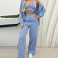 Striped Crop Cami Top & Pocket Design Pants Set With Buttoned Coat