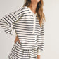 Black white Stripes Printed Half Button Long Sleeve Top and Shorts Set