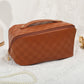 Thai Curry PU Leather Checkered Large Makeup Bag with Handle