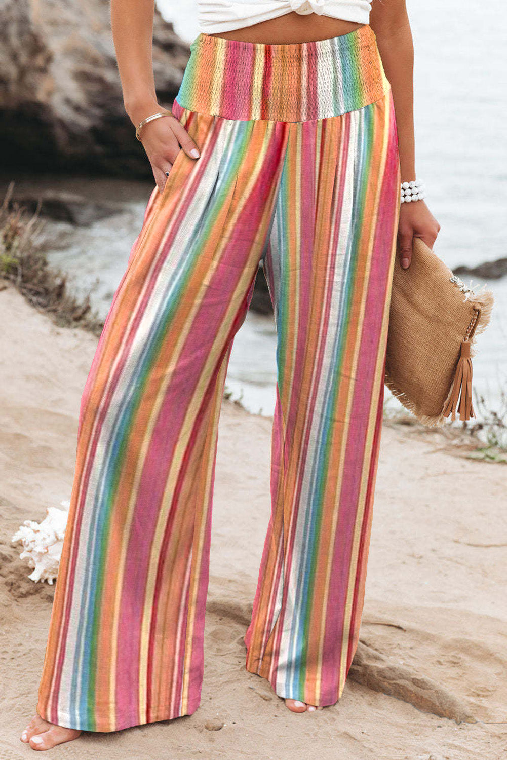 Multicolor Striped Smocked High Waist Wide Leg Pants