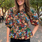 Black Tropical Print Bubble Sleeve Knot Front Blouse