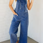 Prussian Blue Mineral Wash Knotted Strap Patched Pocket Wide Leg Denim Overalls