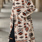 Apricot Western Aztec Printed Fleece Buttoned Front Midi Length Coat