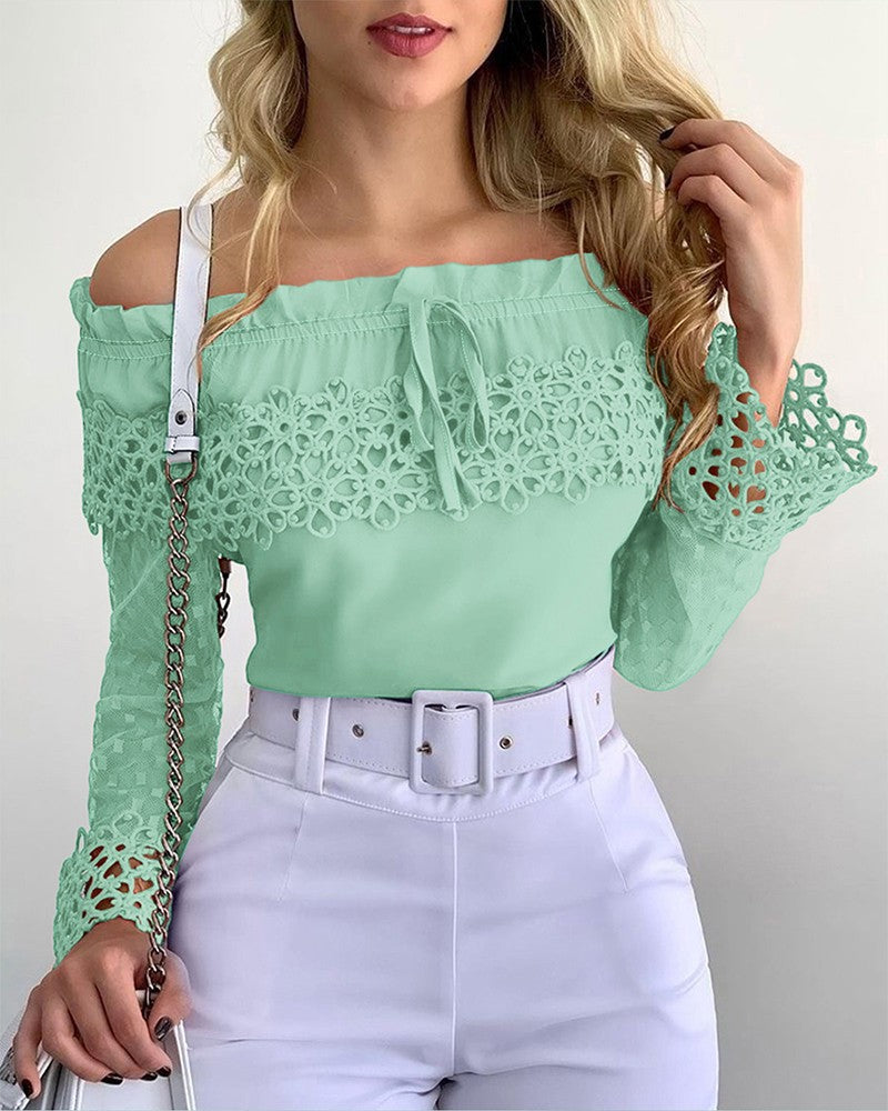 Off Shoulder Guipure Lace Frill Hem Drawstring Top