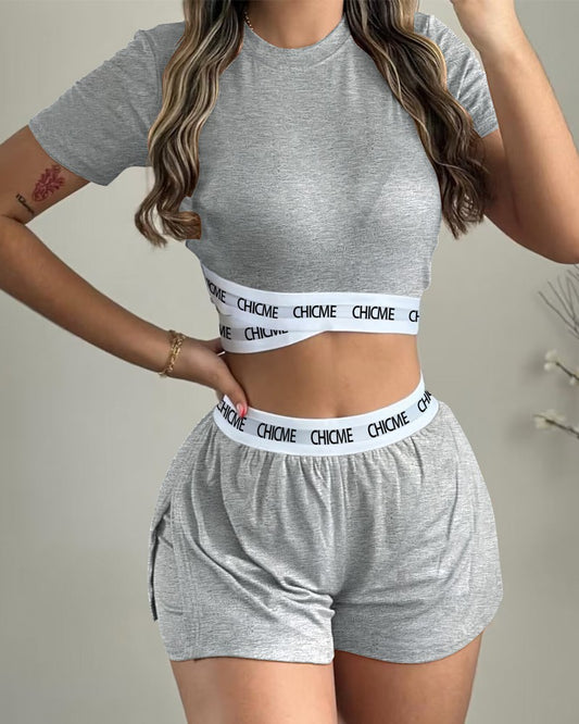 ChicMe Letter Tape Patch Crop Top & Shorts Set