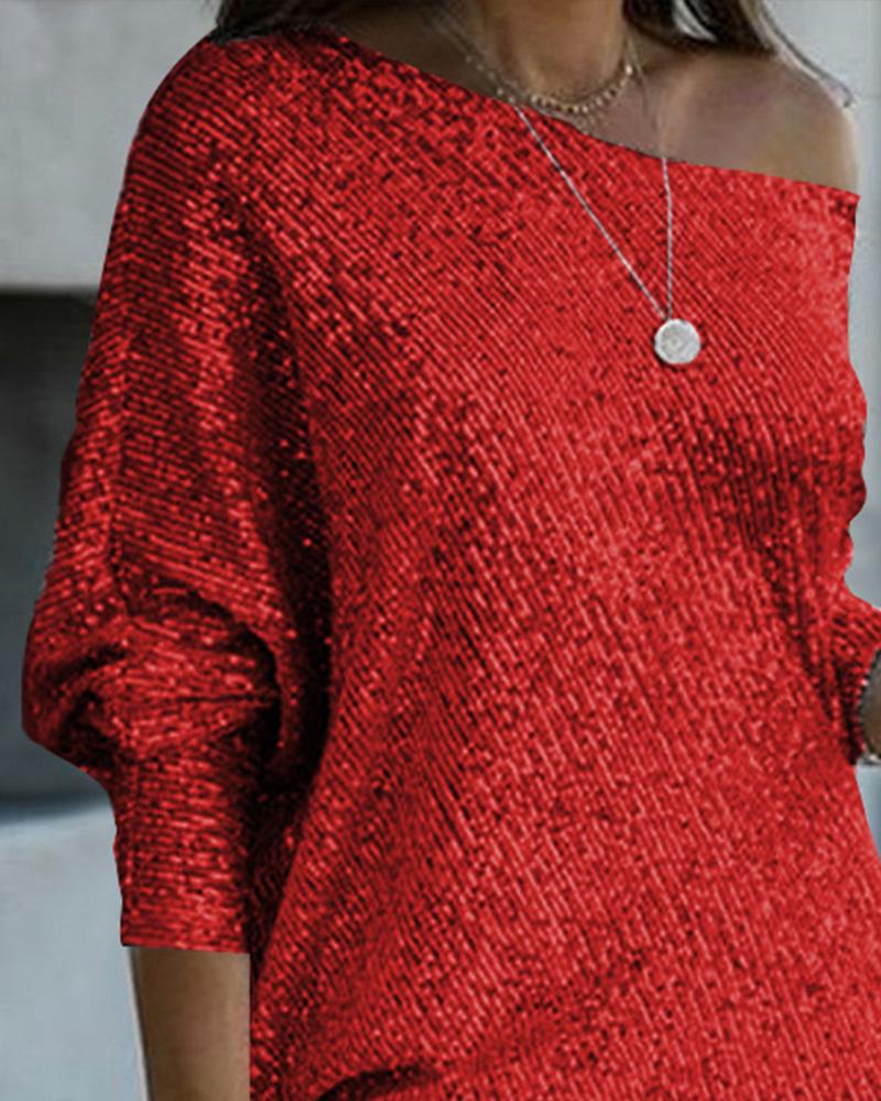 Slash Neck Batwing Sleeve Allover Sequins Dress