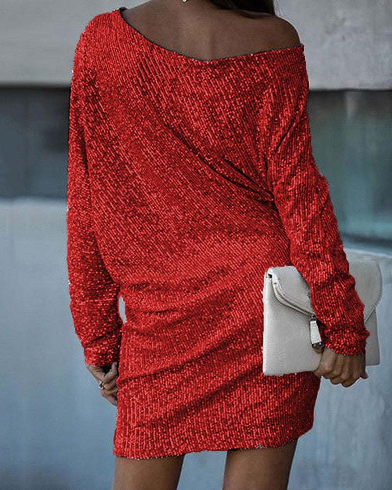 Slash Neck Batwing Sleeve Allover Sequins Dress