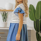 Black Stripe Ruffle Denim Patchwork Round Neck Mini Dress