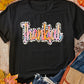 Black Thankful Cow Print Crew Neck T Shirt