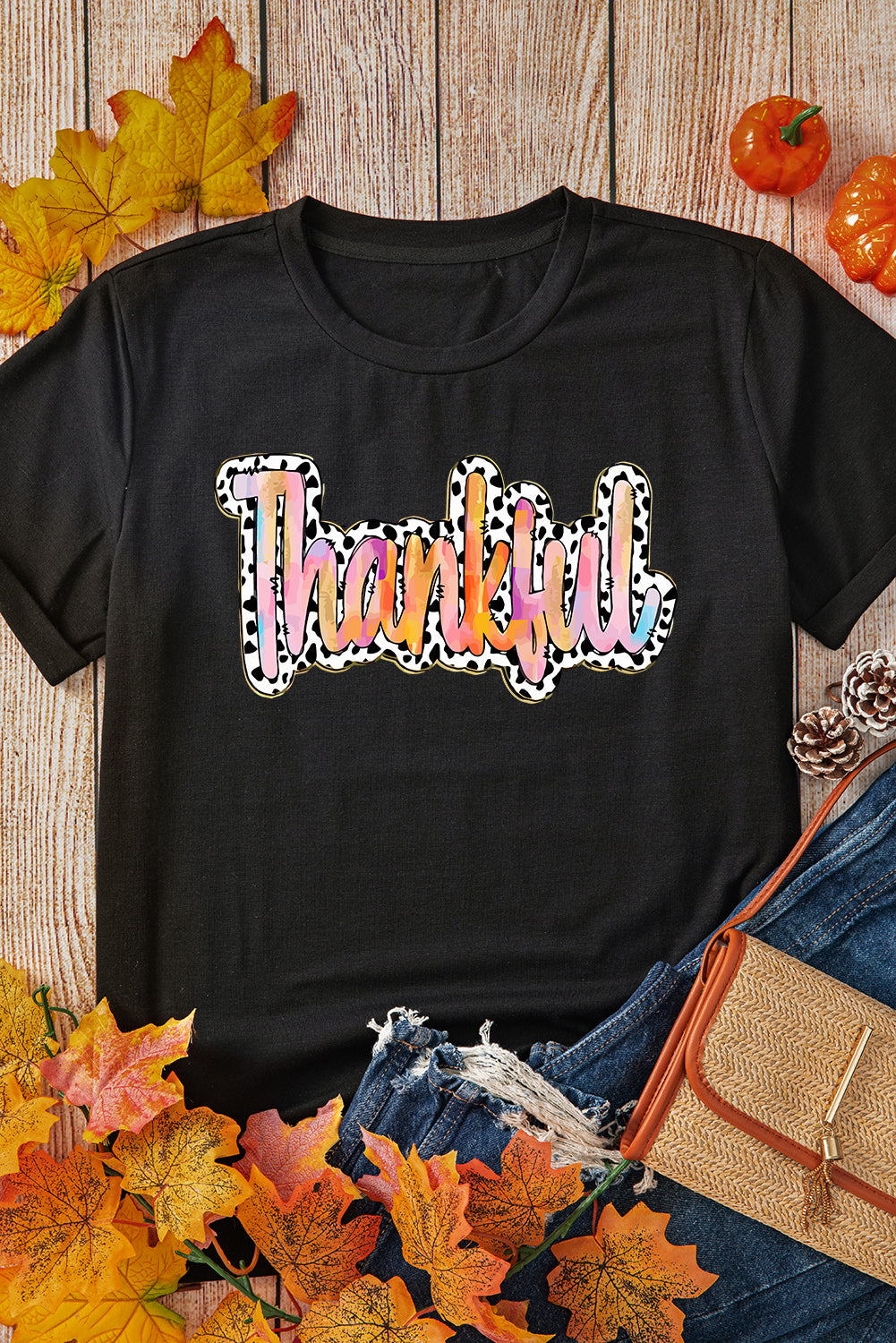 Black Thankful Cow Print Crew Neck T Shirt