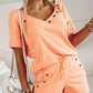 Button Decor V Neck Top & Drawstring Pocket Design Shorts Set