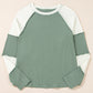 Mint Green Ribbed Colorblock Patchwork Raglan Long Sleeve Top