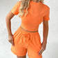 O neck Top & Pocket Design Drawstring Shorts Set