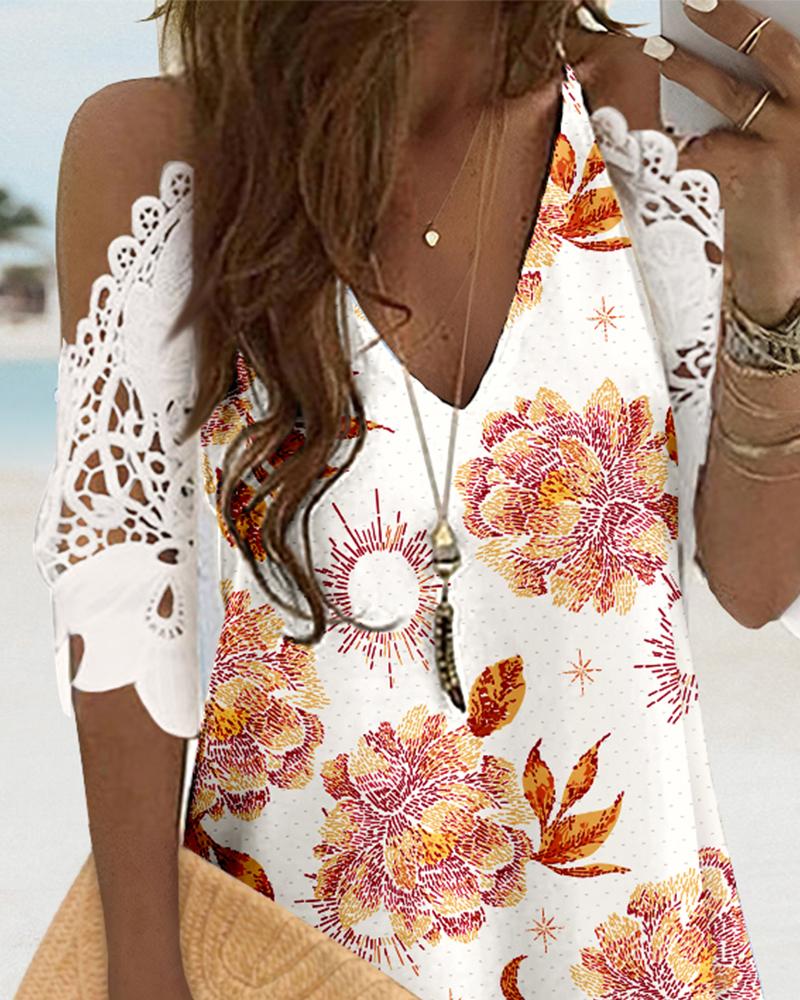 Floral Print Cold Shoulder Deep V Crochet Lace Mini Dress Casual Dress