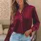 Burgundy Frilled Neck Buttoned Front Velvet Top