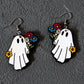 White Cute Ghost with Flower Halloween Hook Earrings