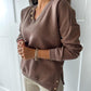 V Neck Long Sleeve Pullover Sweatshirt Button Decor Side Slit Top