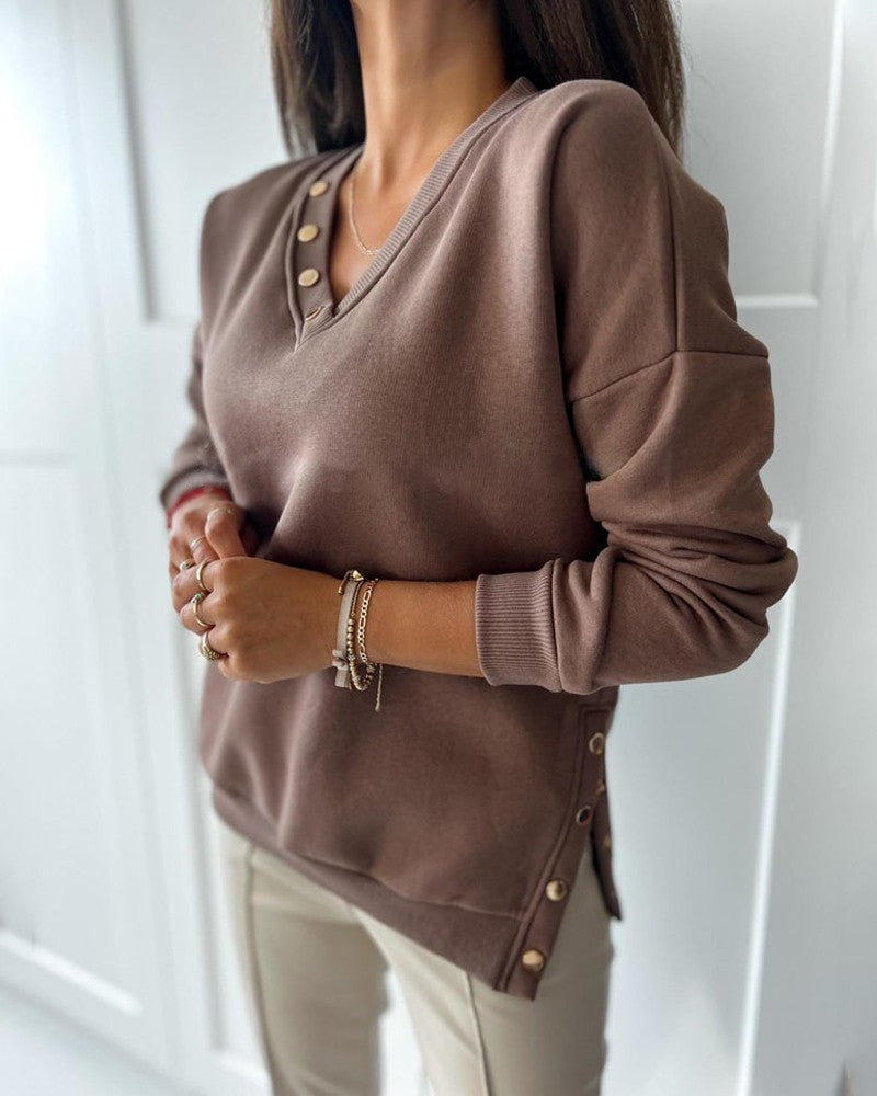 V Neck Long Sleeve Pullover Sweatshirt Button Decor Side Slit Top