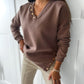 V Neck Long Sleeve Pullover Sweatshirt Button Decor Side Slit Top