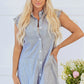 Blue Stripe Frilled Sleeveless Collar Front Pocket Button Up Mini Dress