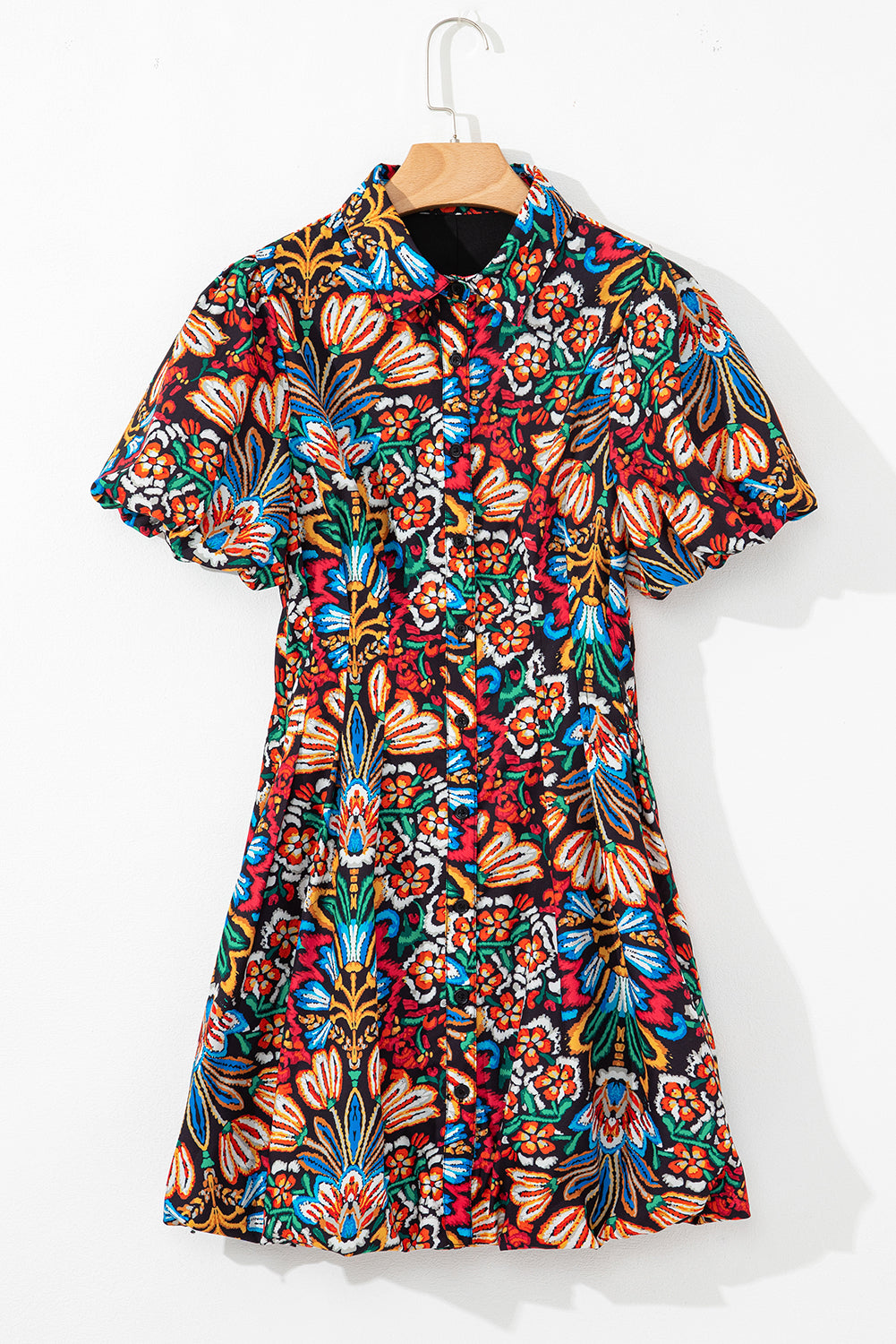 Multicolour Floral Puff Short Sleeve Shirt Mini Dress