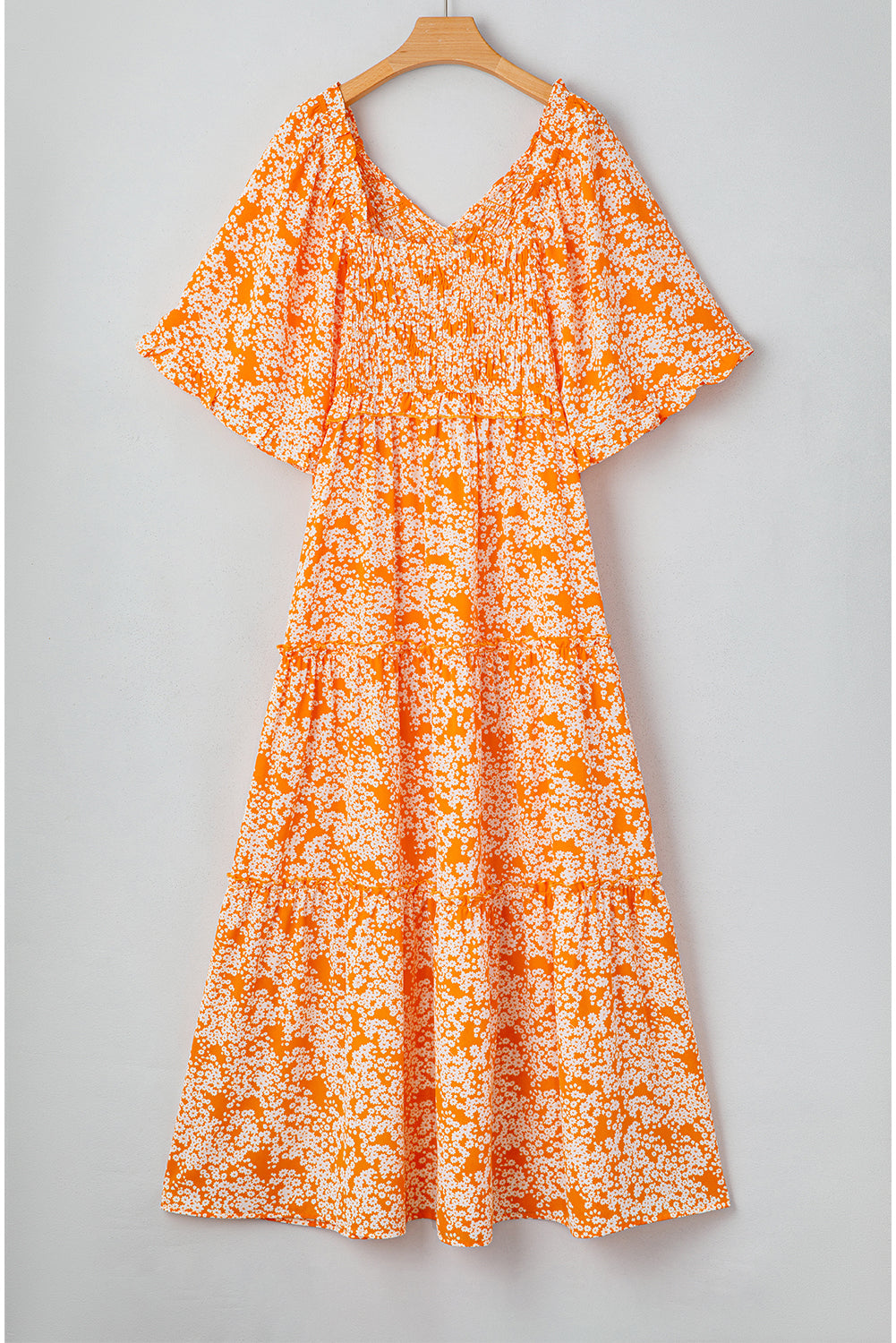 Orange Floral Print Smocked V Neck Wide Sleeve Maxi Dress