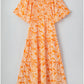 Orange Floral Print Smocked V Neck Wide Sleeve Maxi Dress