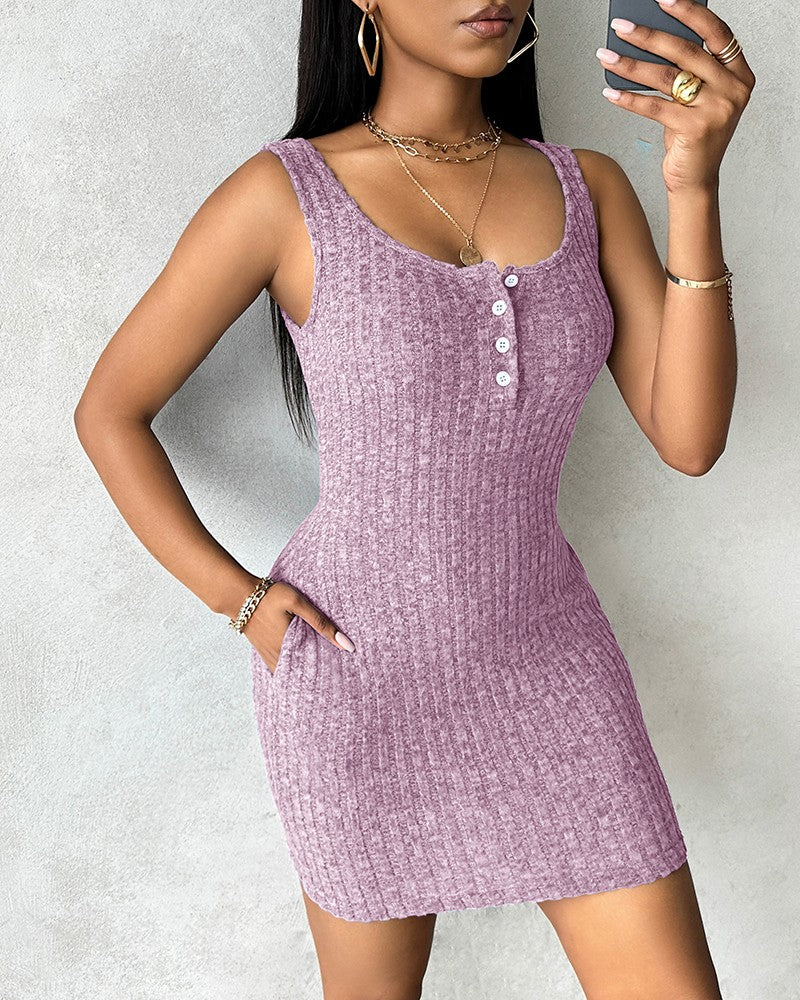 Buttoned Pocket Design Ribbed Bodycon Dress