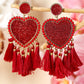 Racing Red Heart Shape Tasseled Dangle Earrings