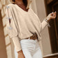 V Neck Batwing Sleeve Pullover Top Rhinestone Bowknot Decor Hollow Out Tee