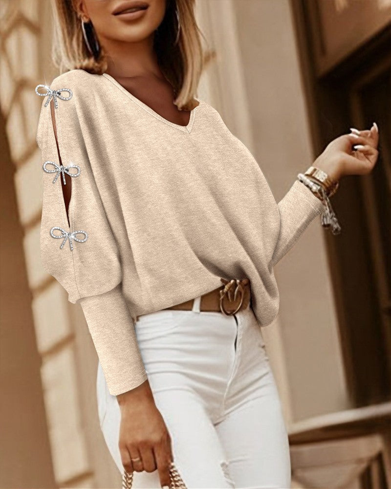 V Neck Batwing Sleeve Pullover Top Rhinestone Bowknot Decor Hollow Out Tee