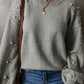 Light Grey Pearled Drop Shoulder Round Neck Sweater