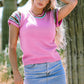 Bright Pink Contrast Printed Cap Sleeves Crewneck Sweater