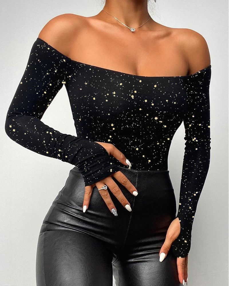 Bronzing Dot Off Shoulder Slim Fitted Top Long Sleeve Shirt Tee