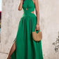 Halter Sleeveless Tied Detail Shirred Criss Cross Flared Dress Glamorous Evening Dress