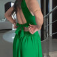 Halter Sleeveless Tied Detail Shirred Criss Cross Flared Dress Glamorous Evening Dress