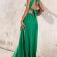 Halter Sleeveless Tied Detail Shirred Criss Cross Flared Dress Glamorous Evening Dress