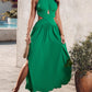 Halter Sleeveless Tied Detail Shirred Criss Cross Flared Dress Glamorous Evening Dress